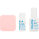 NailTek Nail Repair System with filler powder, resin, and a nail buffer for repairing and strengthening nails.